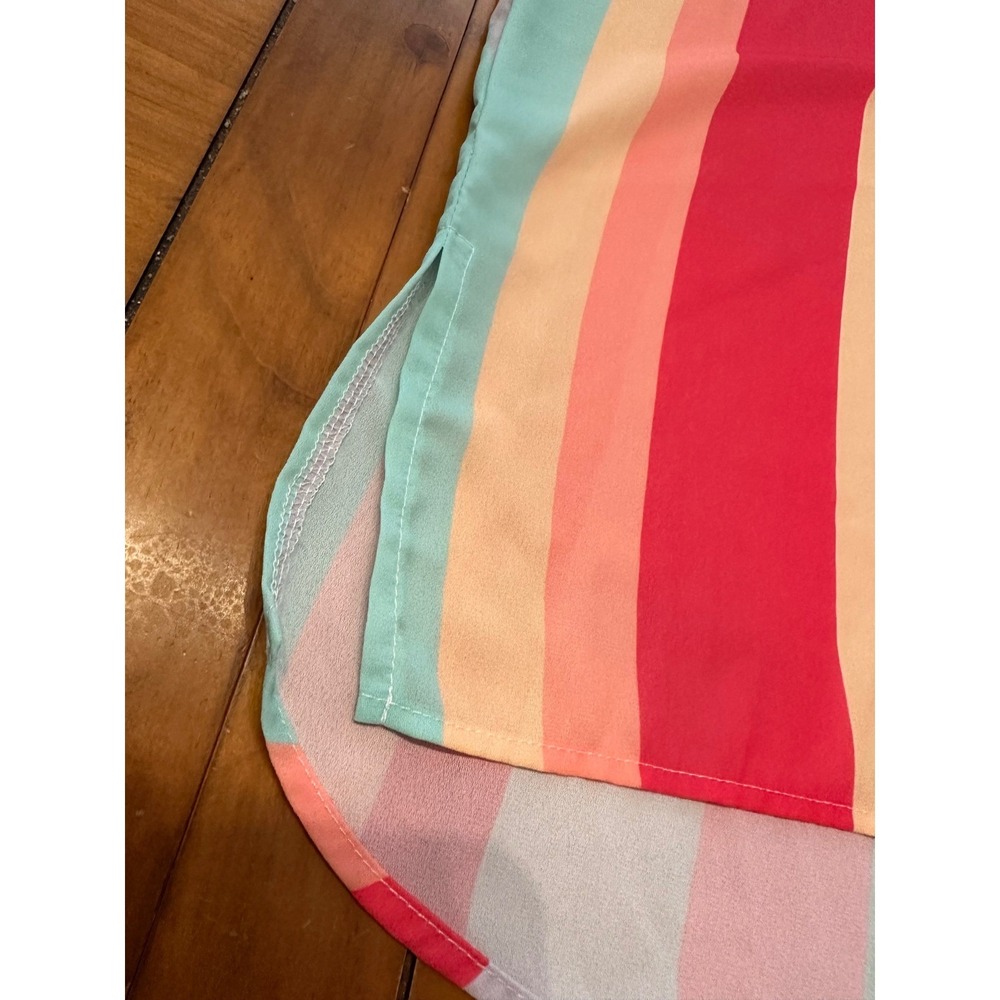 BiBi Women Large Pink Mint Striped V-Neck Chiffon High-Low‎ Blouse Short Sleeve - Picture 3 of 8